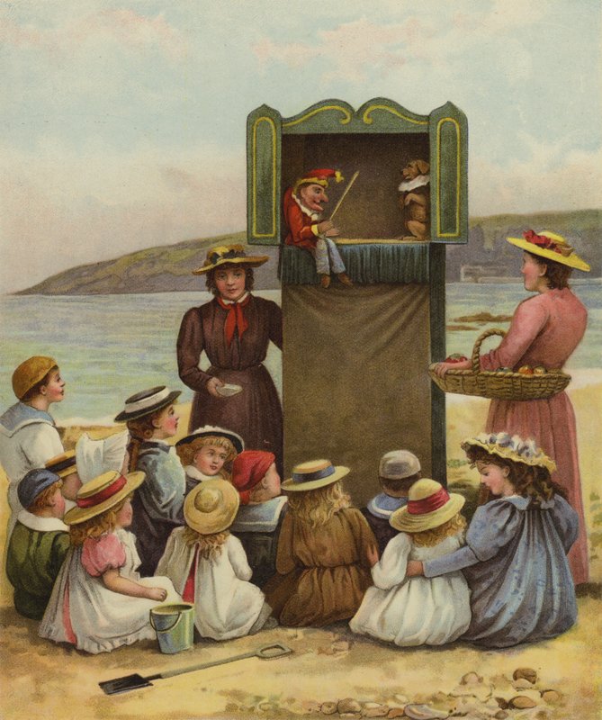 Gyerekek Punch és Judy show-t néznek a tengerparton alkotó: English School