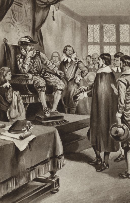 VI. Jakab király megfenyegeti a puritánokat, hogy az egyházhoz igazítja őket, vagy kiszorítja őket az országból alkotó: English School
