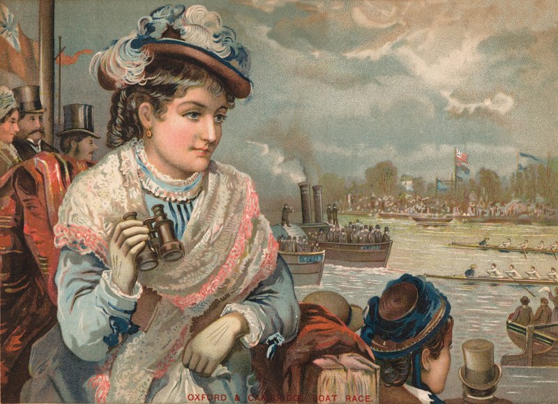 Hölgy az oxfordi és cambridge-i hajóversenyt nézi, 1890 körül. alkotó: English School