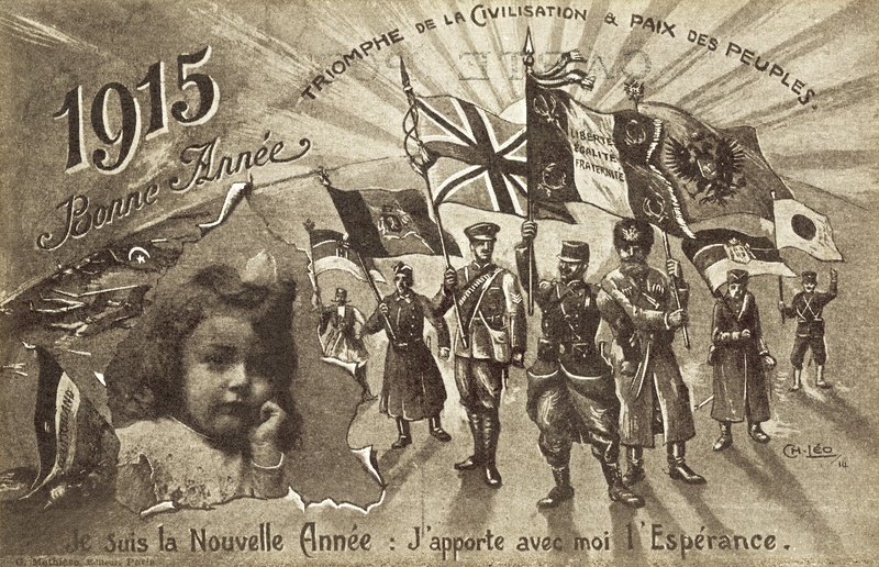 Újévi üdvözlőlap 1915-re, a civilizáció győzelmét és a népek közötti békét kívánva alkotó: English School