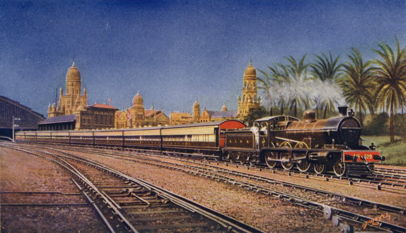 A Bombay-Poona Express, elhagyja a Victoria végállomást, Bombay-t, a Great Indian Peninsula Railway-t alkotó: English School