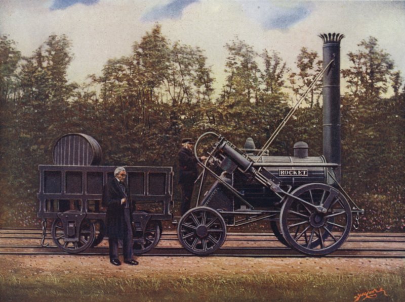 A rakéta és tervezője, George Stephenson, a brit vasutak, a londoni és az északnyugati vasút atyja alkotó: English School