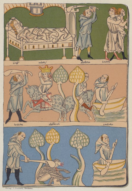 Miniatűrök Gottfried von Strassburg 13. századi müncheni Tristan und Isolde kéziratából alkotó: German School