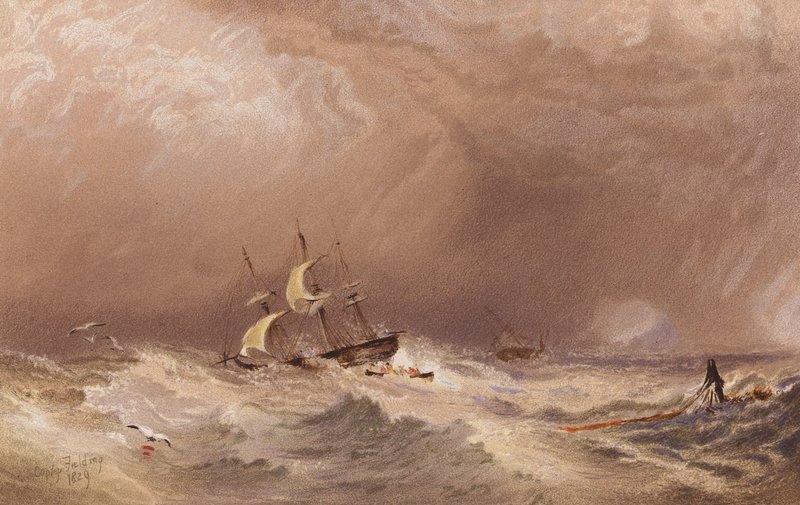 Hajó bajban (színes litográfia) alkotó: A.V. Copley (after) Fielding