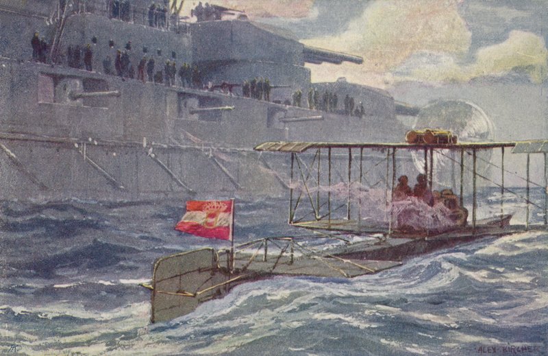 Osztrák-magyar hidroplán elhaladt egy csatahajón, I. világháború, 1914-1918 alkotó: A. Kircher