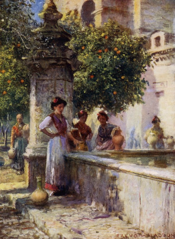 Cordova, szökőkút a narancsok udvarán (színes litó) alkotó: A. Trevor Haddon