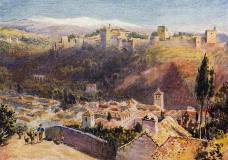 Granada, az Alhambra általános képe (színes litó) alkotó: A. Trevor Haddon