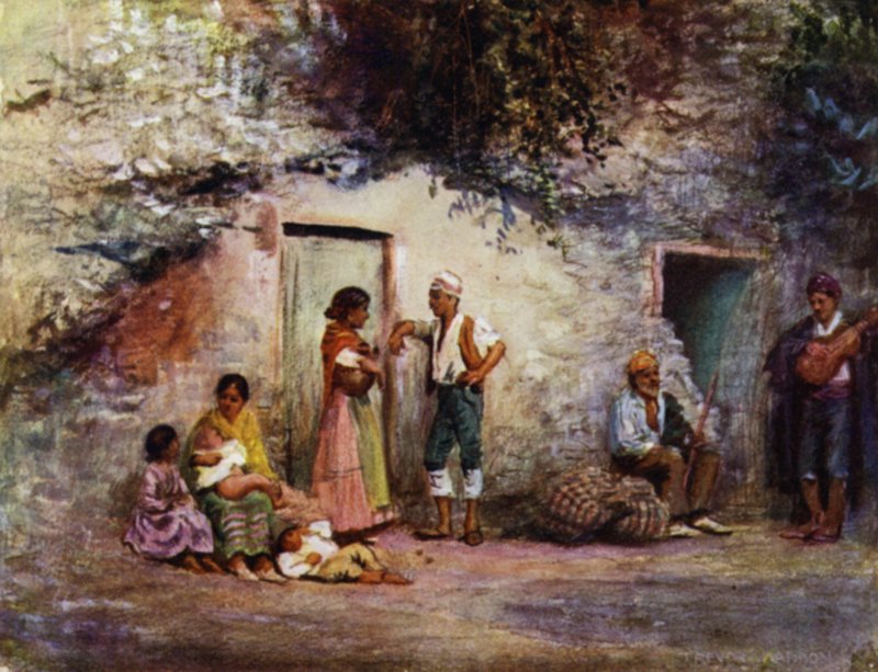 Granada, Cigányok barlangjaik ajtajában (színes litó) alkotó: A. Trevor Haddon