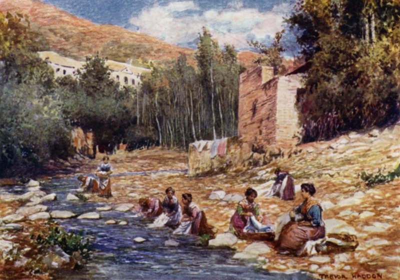 Granada, Villák a Darro folyó partján (színes litó) alkotó: A. Trevor Haddon
