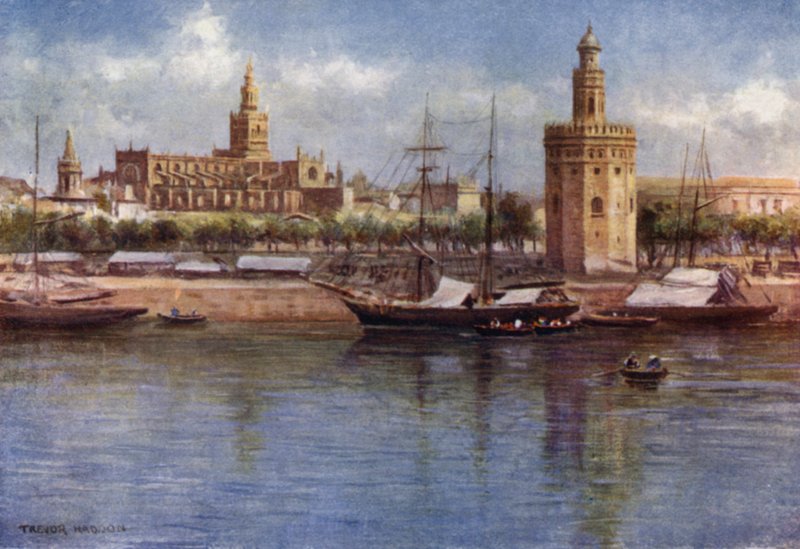 Sevilla, a Torre del Oro és a katedrális (színes litó) alkotó: A. Trevor Haddon