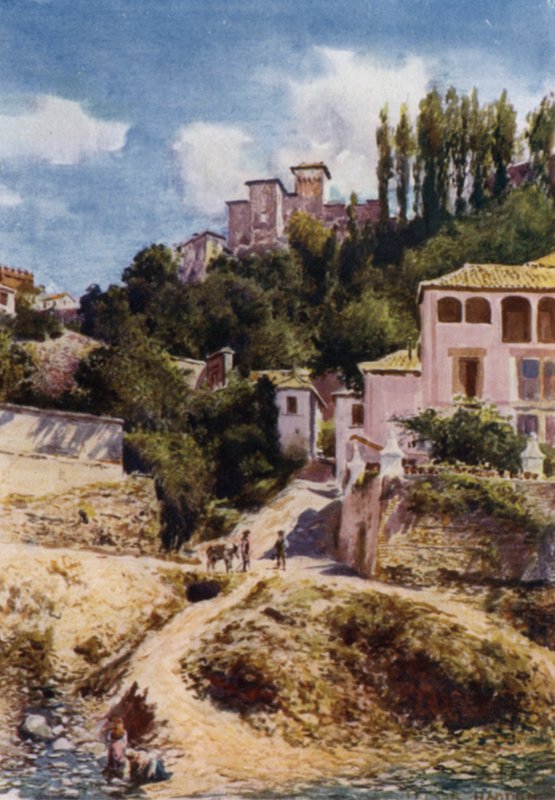 Az Alhambra, Torre de las Damas a Darro folyóból (színes litó) alkotó: A. Trevor Haddon