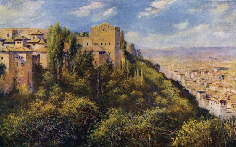 Kilátás Granadára és az Alhambrára (színes litó) alkotó: A. Trevor Haddon