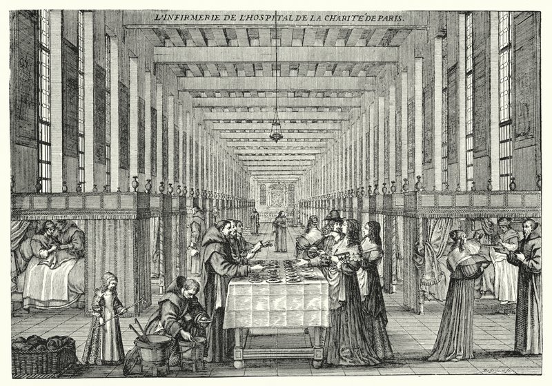A párizsi Hopital de la Charite betegszobája (metszet) alkotó: Abraham (after) Bosse