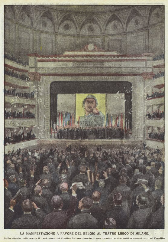 Tüntetés Belgium mellett a milánói Teatro Liricoban alkotó: Achille Beltrame