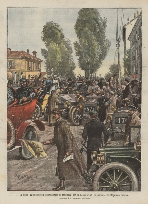 A Coppa dOro nemzetközi tartós autóverseny, rajt Rogoredóból (Milánó) alkotó: Achille Beltrame