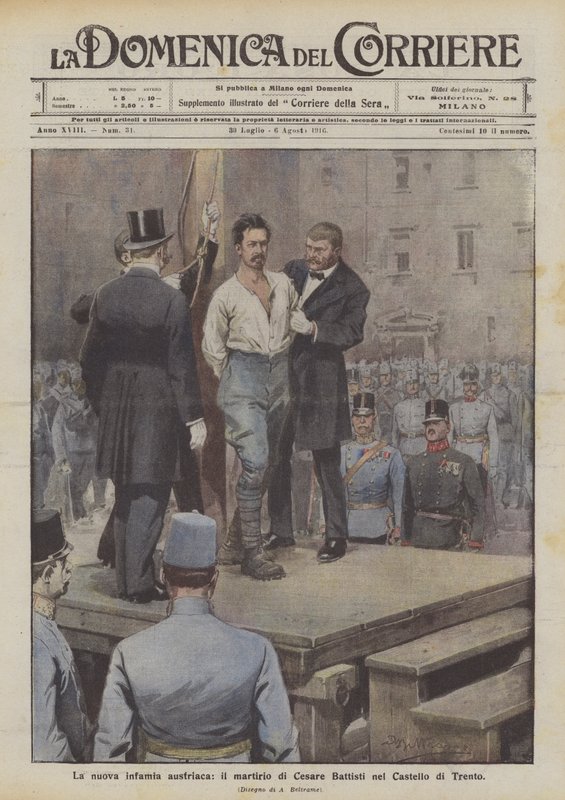 Az új osztrák hírhedtség, Cesare Battisti mártíromsága a trentói kastélyban alkotó: Achille Beltrame