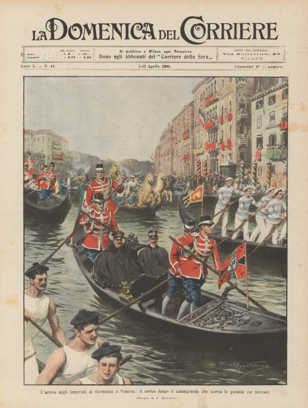 A német birodalmiak érkezése Velencébe, a felvonulás a Canal Grande mentén, amely a gondolákat kíséri az uralkodókkal alkotó: Achille Beltrame
