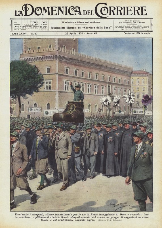 Harmincezer csizma parádézik diadalmasan Róma utcáin, dicsérve a Ducét, és elhozza a sajátját? alkotó: Achille Beltrame