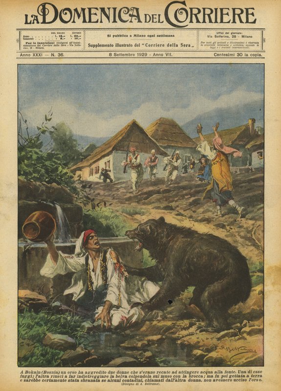 Bokainban (Bosznia) egy medve megtámadt két nőt, akik vizet akartak meríteni a forrásból alkotó: Achille Beltrame