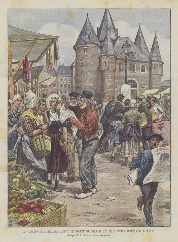 Az amszterdami piacon a Queen Wilhelminian Health Bulletins megérkezik Hollandiába alkotó: Achille Beltrame