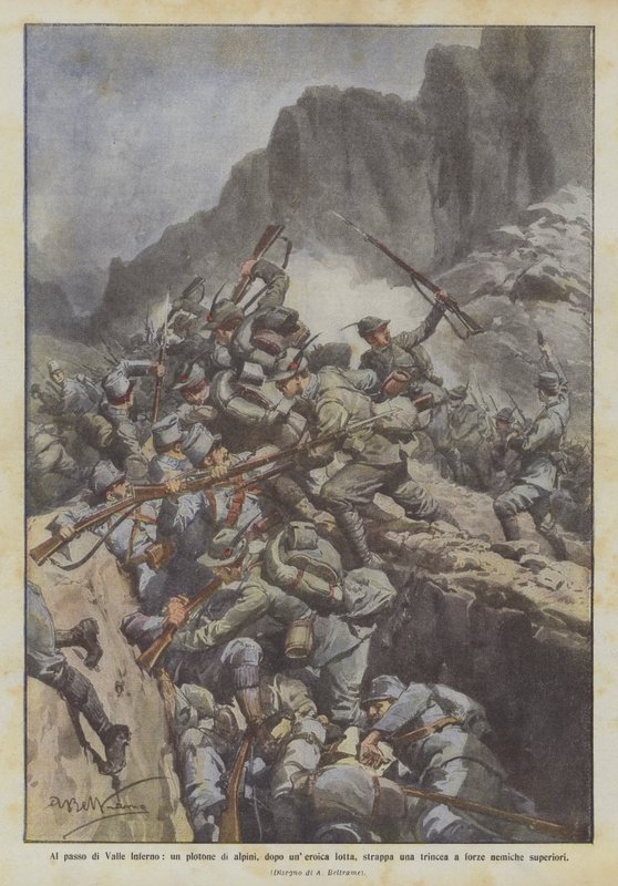 A Valle Inferno-hágónál az alpesi csapatok egy szakasza hősies küzdelem után árkot tép fel? alkotó: Achille Beltrame