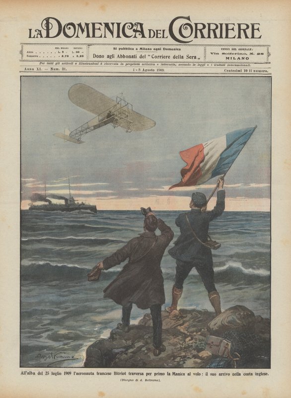 1909. július 25-én hajnalban a francia Bleriot repülő repült elsőként a La Manche csatornán? alkotó: Achille Beltrame