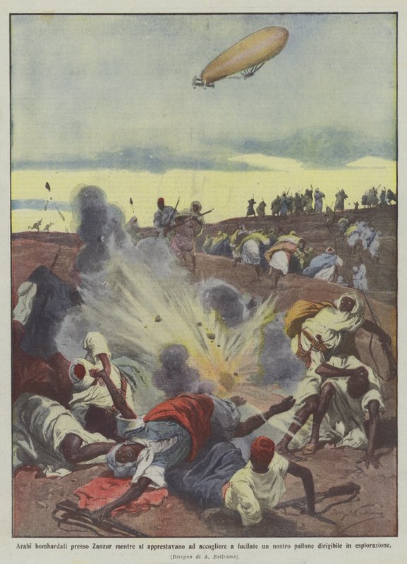 Arabok bombáztak Zanzur közelében, miközben arra készültek, hogy lövéssel fogadják az egyik léggömbünket? alkotó: Achille Beltrame