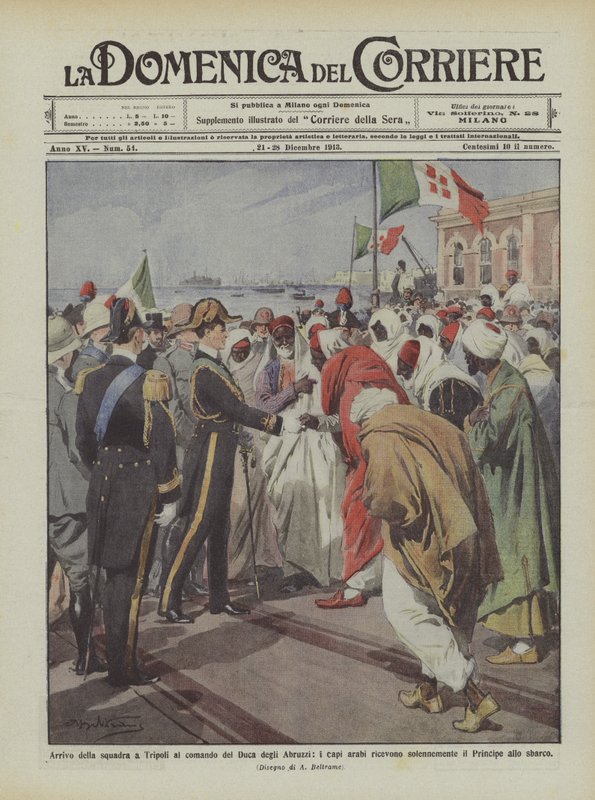 A csapat érkezése Tripoliba Abruzzi hercegének parancsnoksága alatt, az arab vezetők fogadják? alkotó: Achille Beltrame