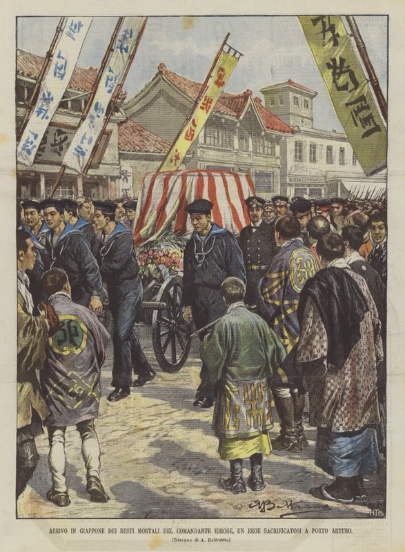 Hirose parancsnok, a Porto Arturóban magát feláldozó hős halandó maradványai Japánba érkeztek. alkotó: Achille Beltrame