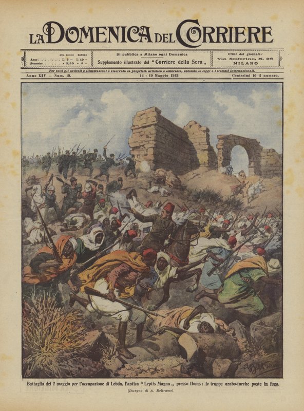 Május 2-i csata Lebda, az ősi Leptis Magna elfoglalásáért Homs közelében? alkotó: Achille Beltrame