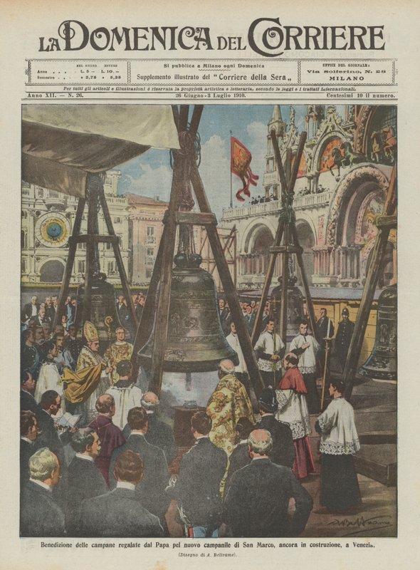 A pápa által adott harangok megáldása a velencei Szent Márk új, még épülő harangtornyára alkotó: Achille Beltrame