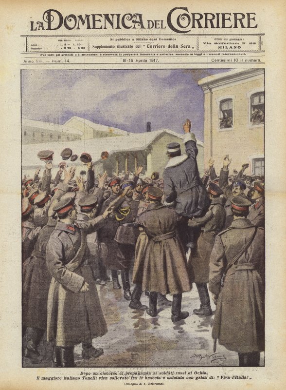 Az Ochta orosz katonáihoz intézett propagandabeszéd után jön Tonelli olasz őrnagy? alkotó: Achille Beltrame
