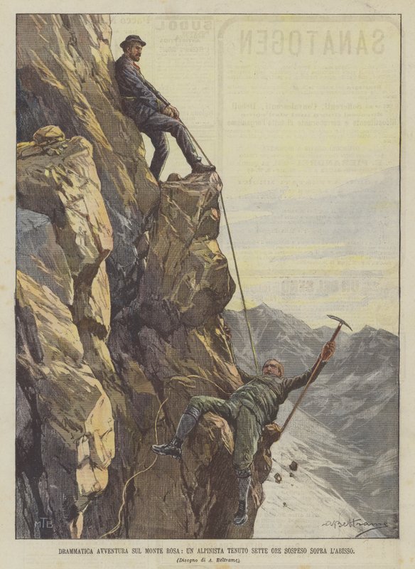 Drámai kaland Monte Rosán, egy hegymászó hét órát tartott a szakadék fölött alkotó: Achille Beltrame