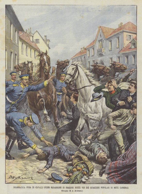 Drámai szökés a lovaktól dragonyosszázaddal Metz (Lorraine) népszerű negyedeinek utcáin alkotó: Achille Beltrame