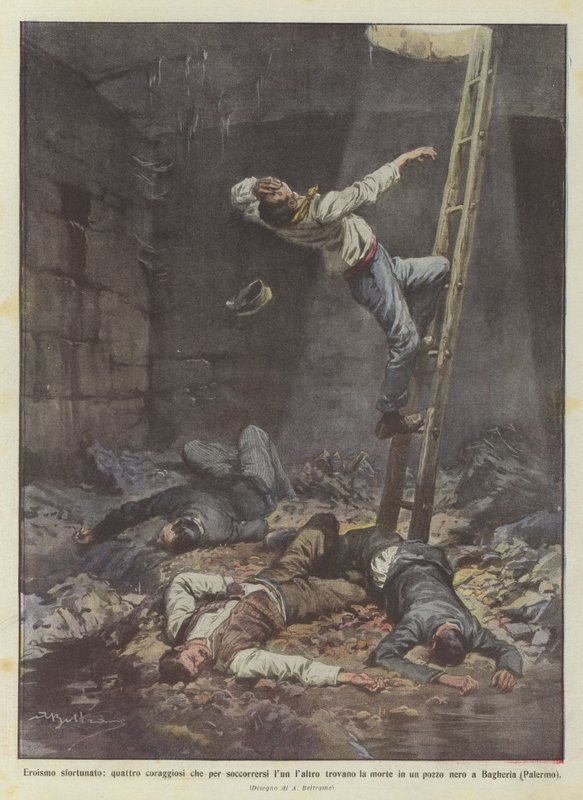 Szerencsétlen hősiesség, négy bátor ember, akik, hogy segítsenek egymásnak, megtalálják a halálukat? alkotó: Achille Beltrame