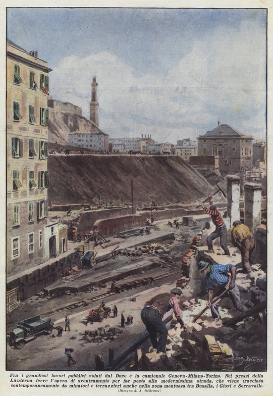 A Duce által megrendelt grandiózus közmunkák közé tartozik a Genova-Milánó-Torino teherautó alkotó: Achille Beltrame