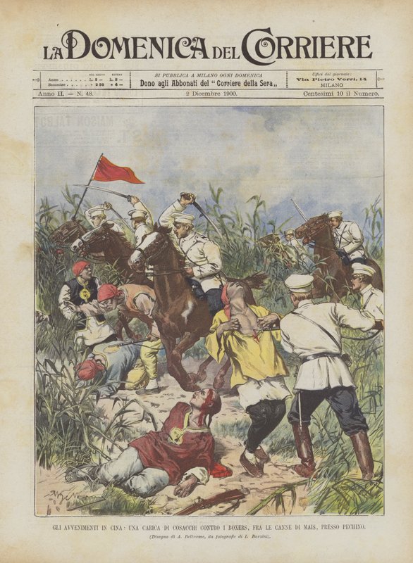 Események Kínában, Kozák vád a bokszolók ellen, A kukoricanád között, Peking közelében alkotó: Achille Beltrame