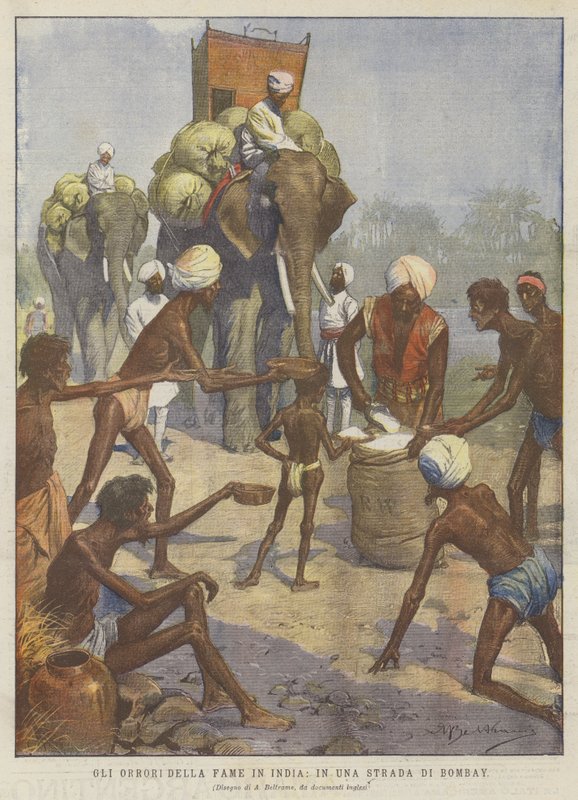 Az éhség borzalmai Indiában, egy Bombay Streeten (színes litho) alkotó: Achille Beltrame