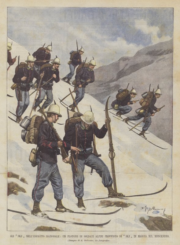 Az SKJ-k a Nemzeti Hadseregben, egy alpesi katonák egy szakasza SKJ-kkel felszerelve a Mont Cenis-en alkotó: Achille Beltrame