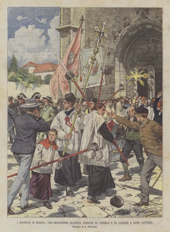 A spanyolországi zavargások, liberálisok és karlisták által megtámadt vallási körmenet Gijonban (Asztúria) alkotó: Achille Beltrame