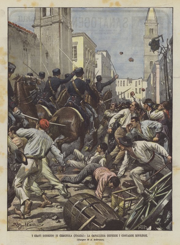 Cerignola (Foggia) súlyos rendellenességei, a lovasság szétoszlatja a lázadó parasztokat alkotó: Achille Beltrame