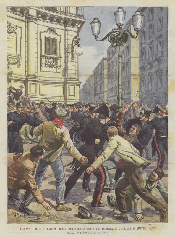 A jelenlegi 3 súlyos palermói zavargásai, sztrájkolók és katonák harca a Quattro Cantiban alkotó: Achille Beltrame