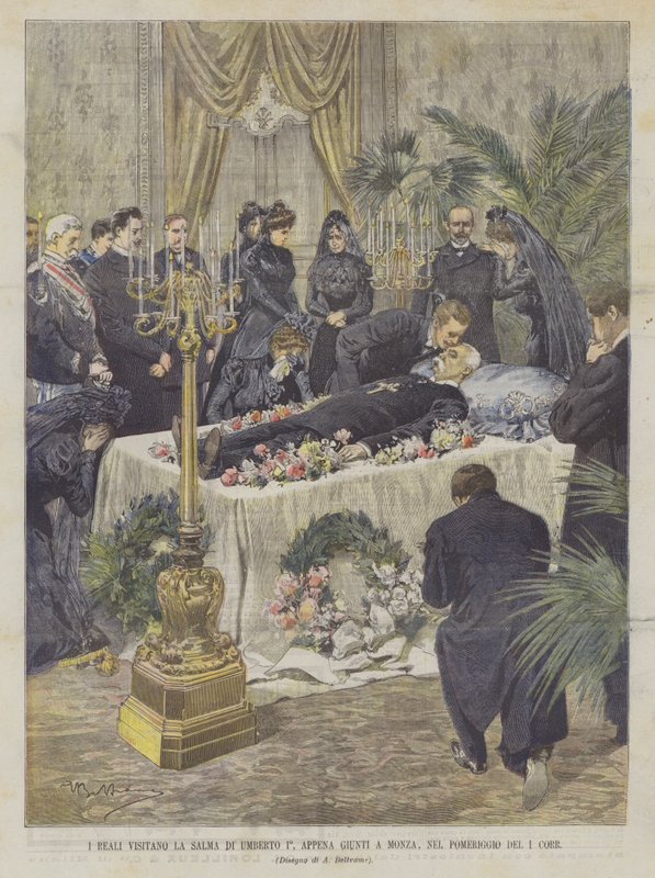 A királyiak meglátogatják I. Umberto maradványait, amint megérkeznek Monzába, Corr 1. délutánján alkotó: Achille Beltrame
