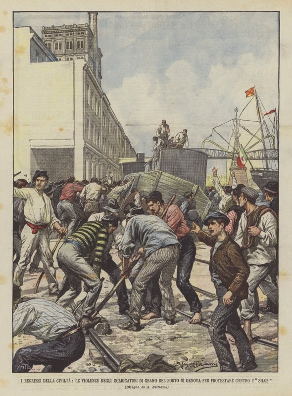 A civilizáció visszafejlődése, a gabonakirakodók erőszakossága a genovai kikötőben, hogy tiltakozzanak a silók ellen alkotó: Achille Beltrame