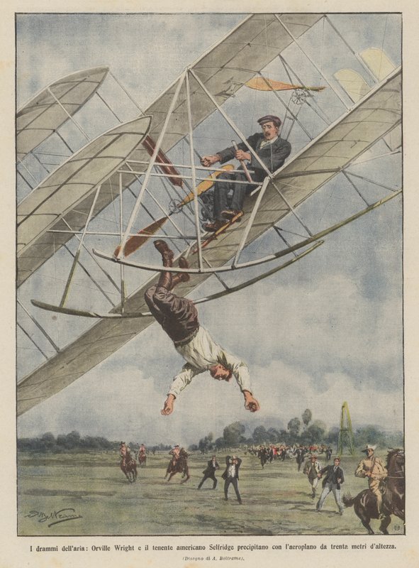 A légi drámák, Orville Wright és Selfridge amerikai hadnagy lezuhan a repülőgéppel? alkotó: Achille Beltrame