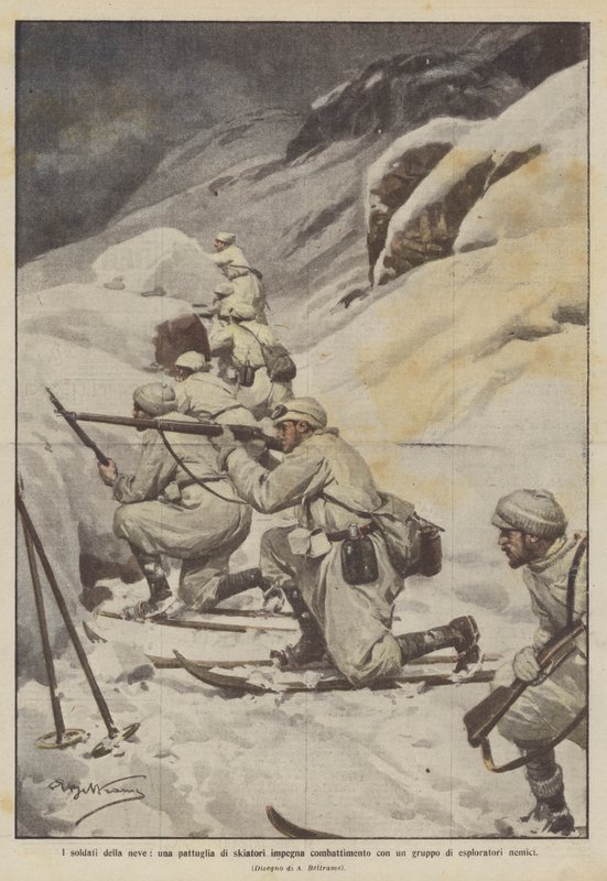 A Snow Soldiers, egy síelő járőr egy csoport ellenséges felderítővel harcol alkotó: Achille Beltrame