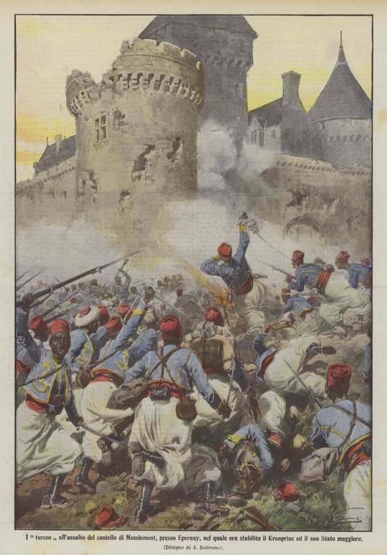 A turkók megtámadják Mondement várát, Epernay mellett, amelyben megtelepedett? alkotó: Achille Beltrame