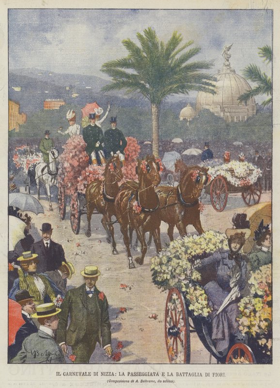 A szép karnevál, a séta és a virágok csatája alkotó: Achille Beltrame
