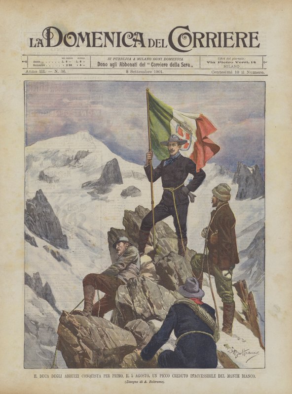 A Duca Degli Abruzzi volt az első, aki augusztus 5-én hódította meg a Mont Blanc egy elérhetetlennek vélt csúcsát. alkotó: Achille Beltrame