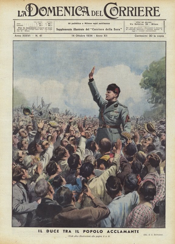 Il Duce az ujjongó emberek között alkotó: Achille Beltrame